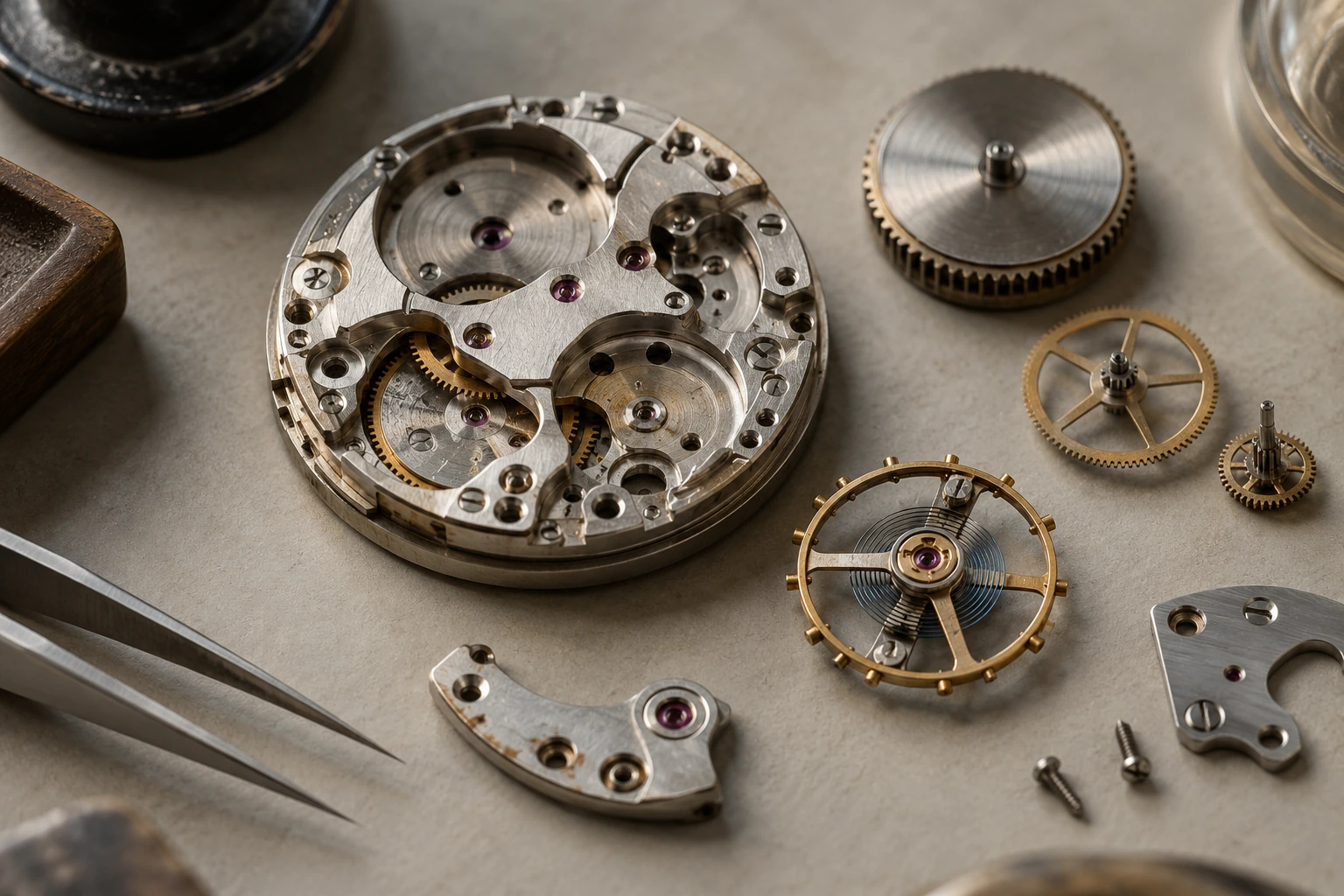 Composición editorial de componentes de un reloj mecánico